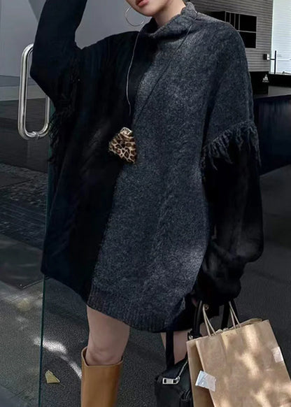 Women's Oversized Knit Sweater Turtleneck Colorblock Fringe 3