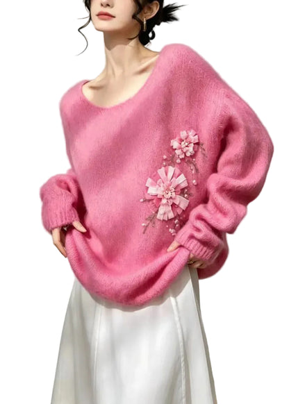 Women's Oversized Knitted Top Floral Pattern U Neck 0