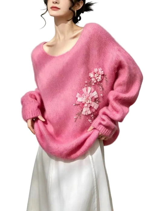 Women's Oversized Knitted Top Floral Pattern U Neck 0