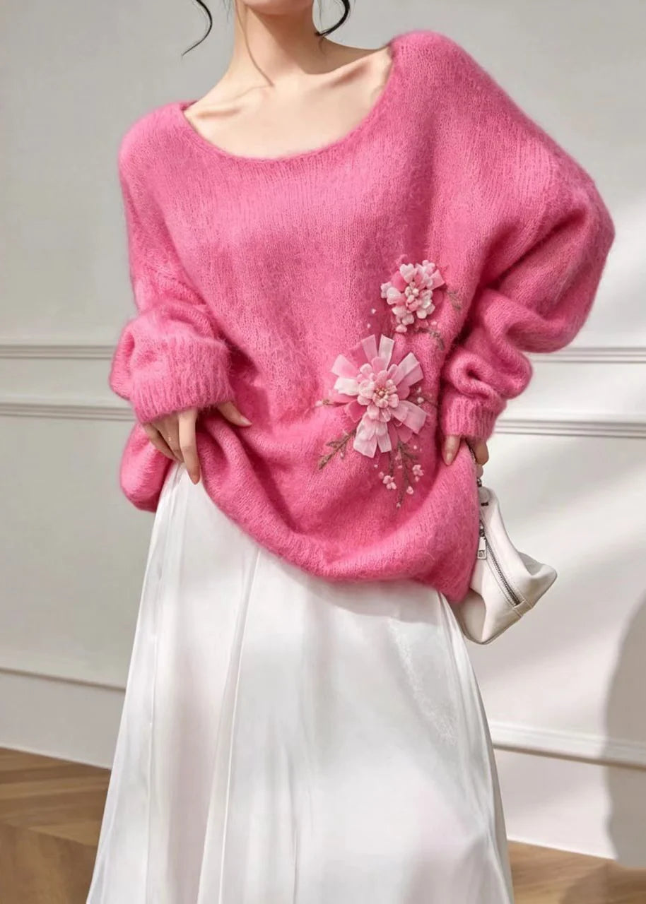Women's Oversized Knitted Top Floral Pattern U Neck 1