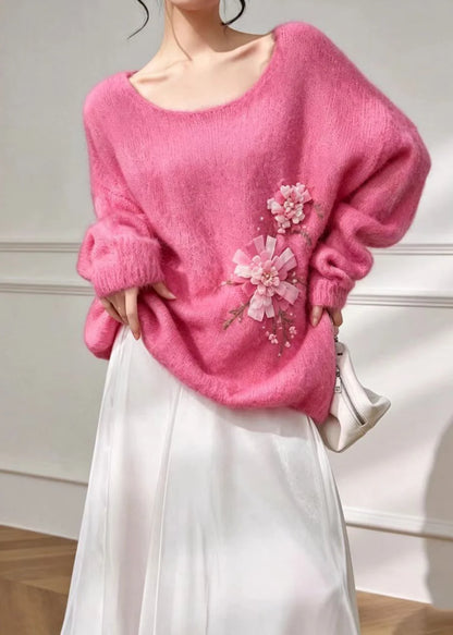Women's Oversized Knitted Top Floral Pattern U Neck 1