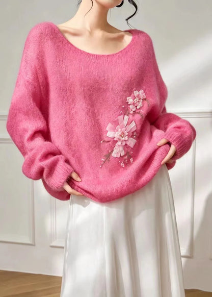 Women's Oversized Knitted Top Floral Pattern U Neck 2