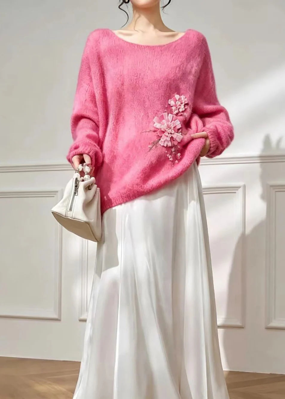 Women's Oversized Knitted Top Floral Pattern U Neck 3
