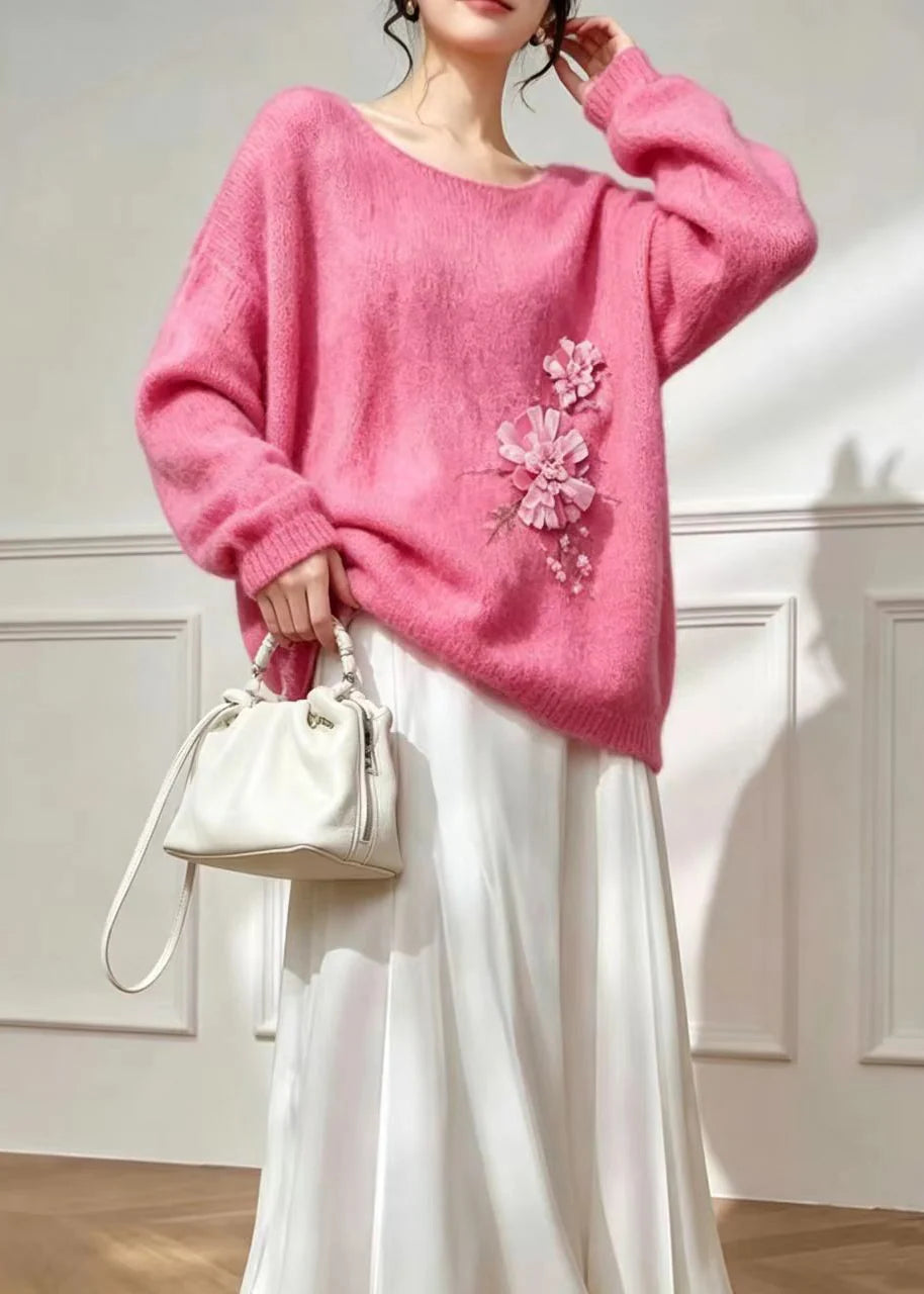 Women's Oversized Knitted Top Floral Pattern U Neck 4
