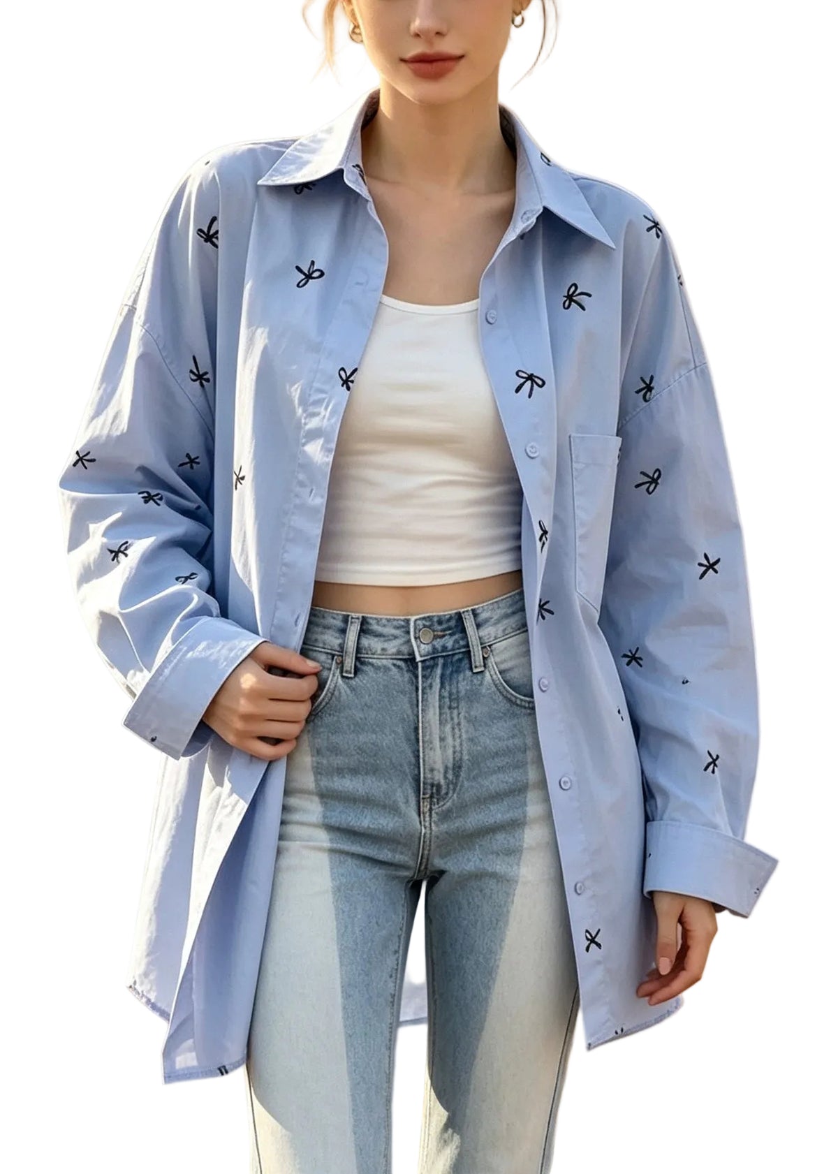 Women's Oversized Shirt with Bow Print Casual Fall Style 0