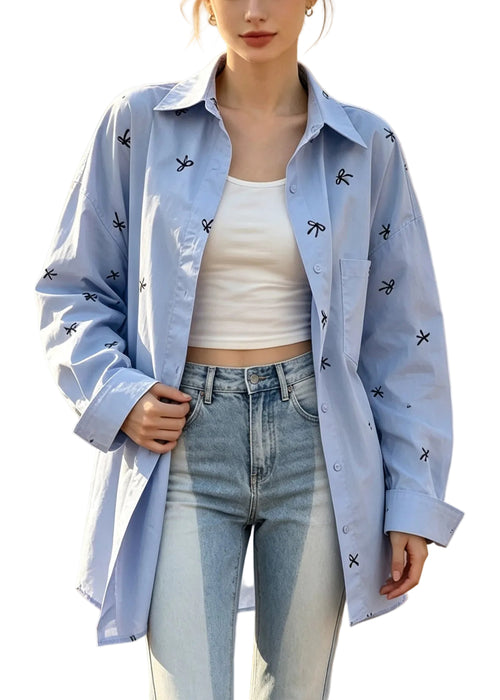 Women's Oversized Shirt with Bow Print Casual Fall Style 0