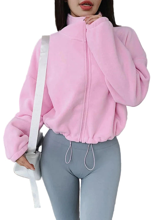 Women's Oversized Sweatshirt Jacket with Stand Collar and Drawstring 4