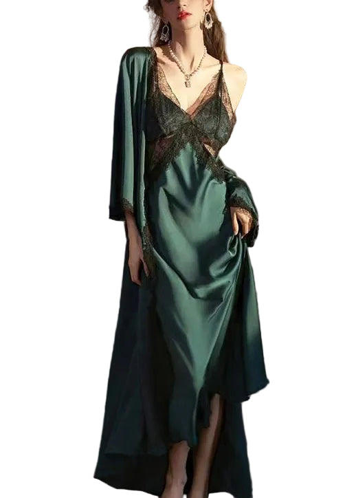 Women's Pajama Set Two-Piece Backless Slip and Robe with Patchwork Lace 0