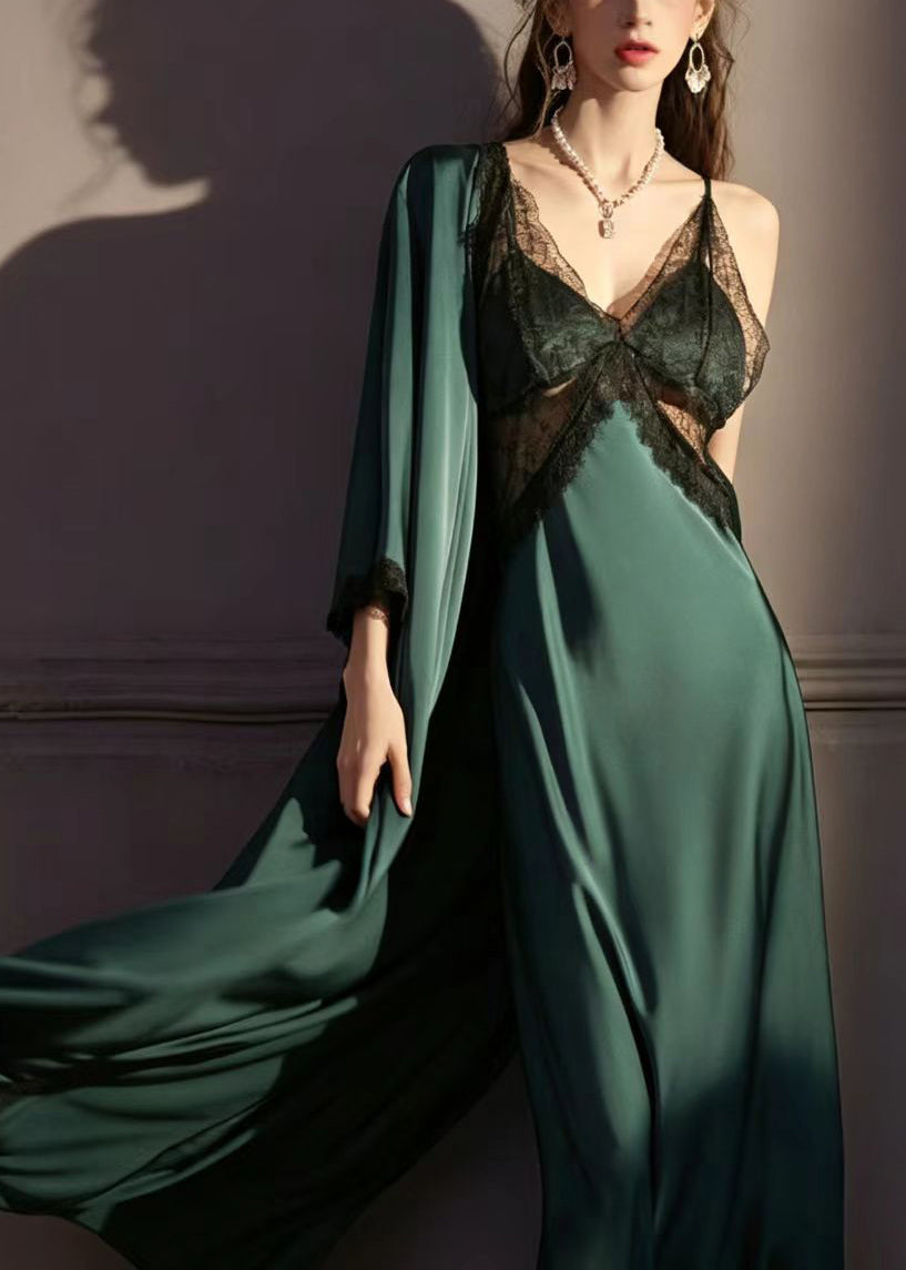 Women's Pajama Set Two-Piece Backless Slip and Robe with Patchwork Lace 1