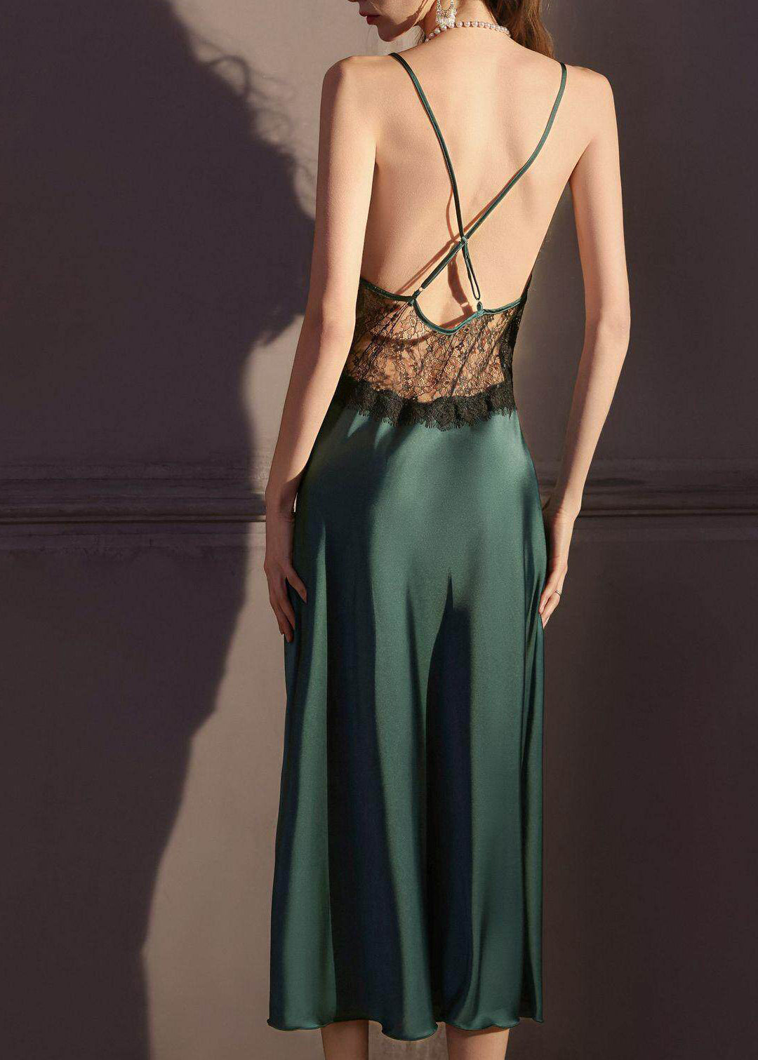 Women's Pajama Set Two-Piece Backless Slip and Robe with Patchwork Lace 4