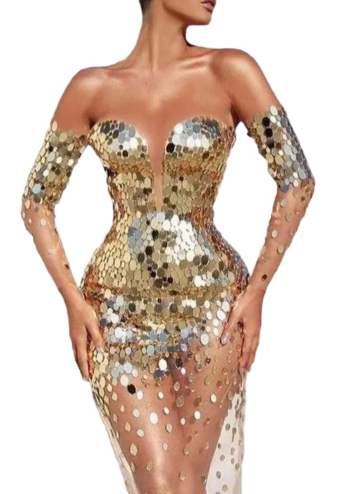 Women's Party Dress Cold Shoulder Sequins Mesh Long Sleeve 0