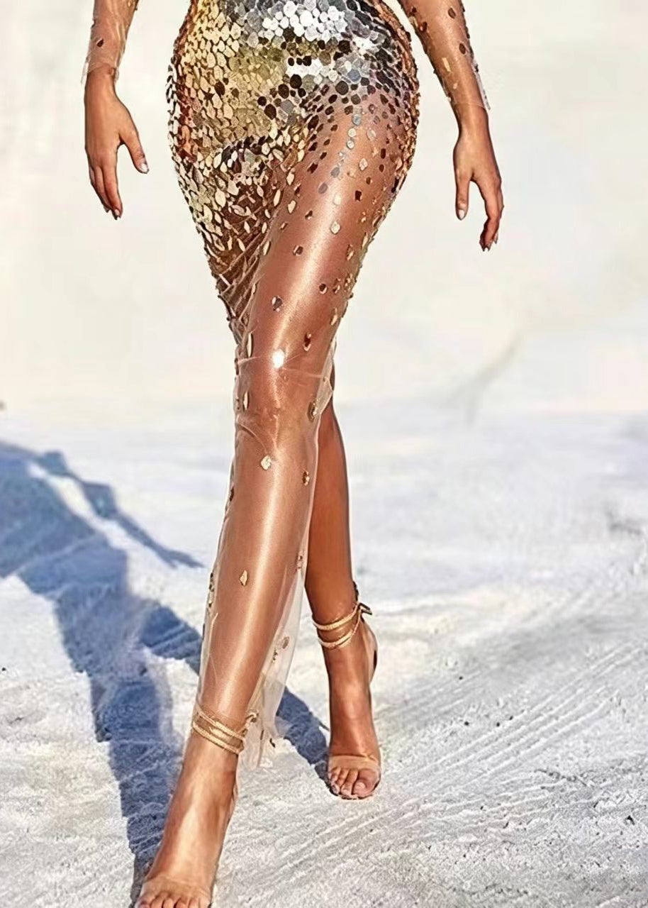 Women's Party Dress Cold Shoulder Sequins Mesh Long Sleeve 3