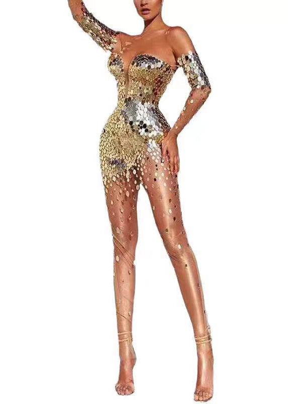 Women's Party Dress Cold Shoulder Sequins Mesh Long Sleeve 4
