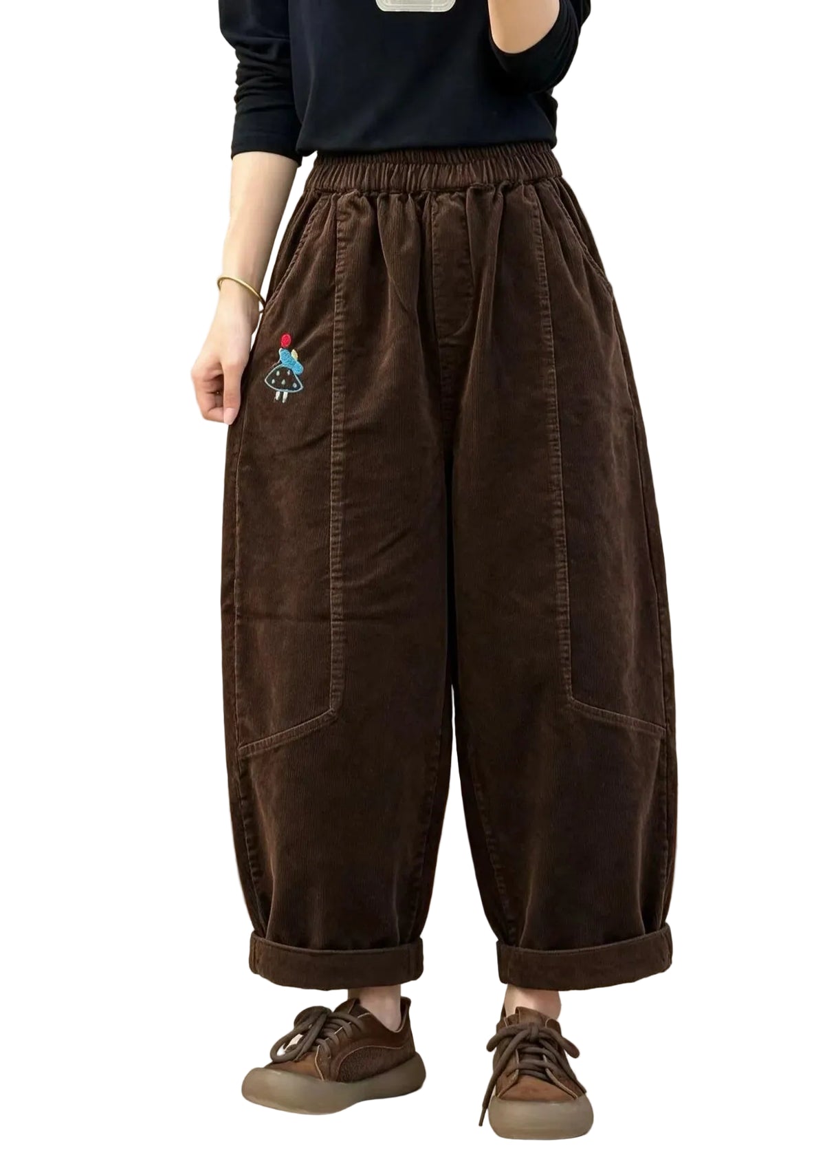 Women's Patchwork Corduroy Pants Elastic Waist Casual Fit 0