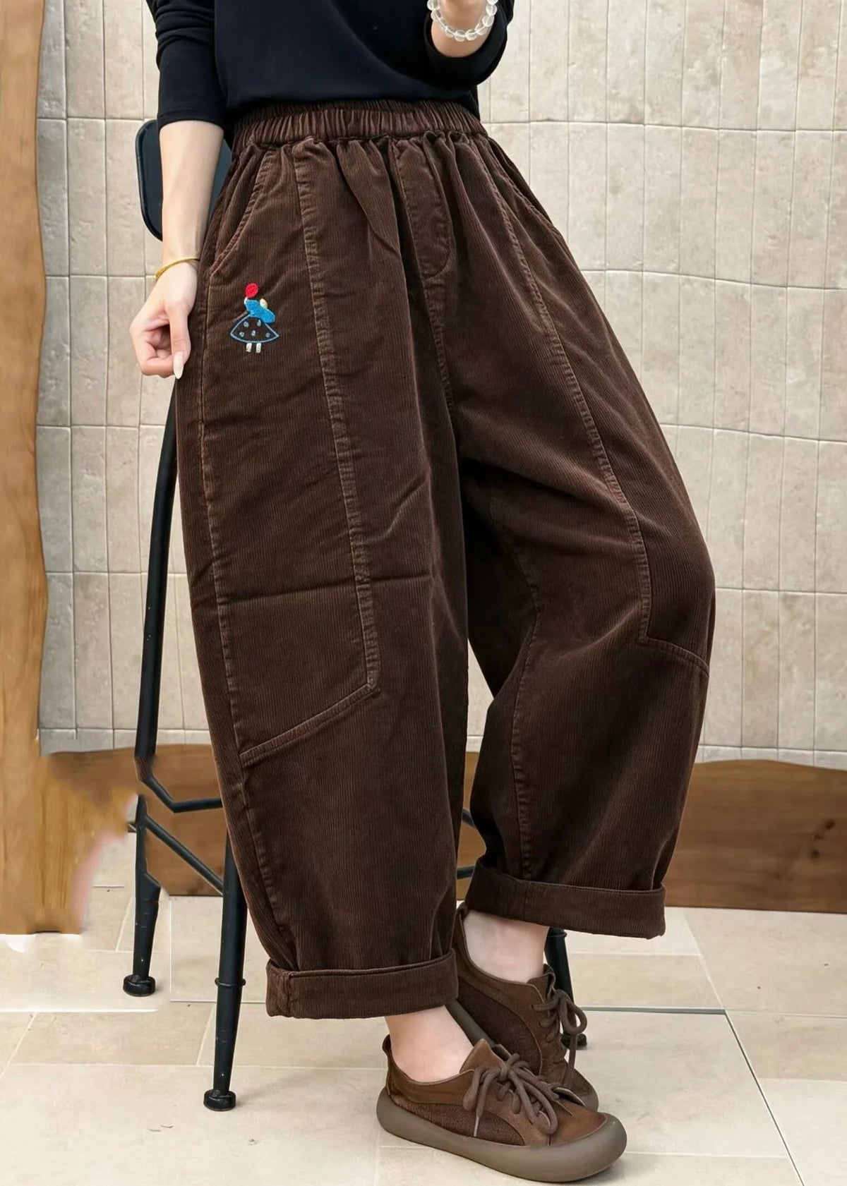 Women's Patchwork Corduroy Pants Elastic Waist Casual Fit 1