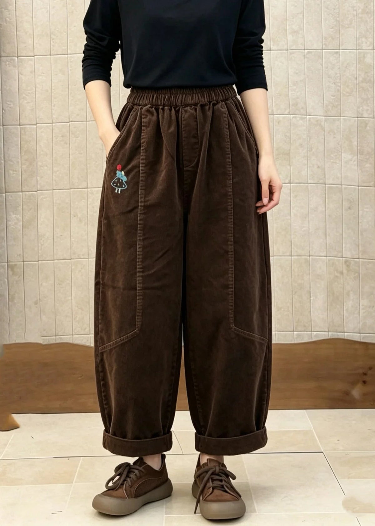 Women's Patchwork Corduroy Pants Elastic Waist Casual Fit 3