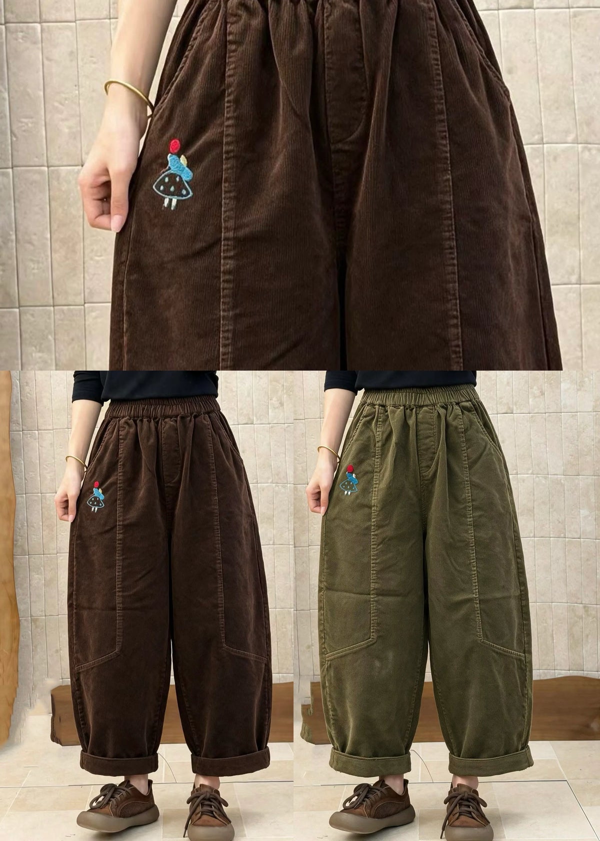 Women's Patchwork Corduroy Pants Elastic Waist Casual Fit 4
