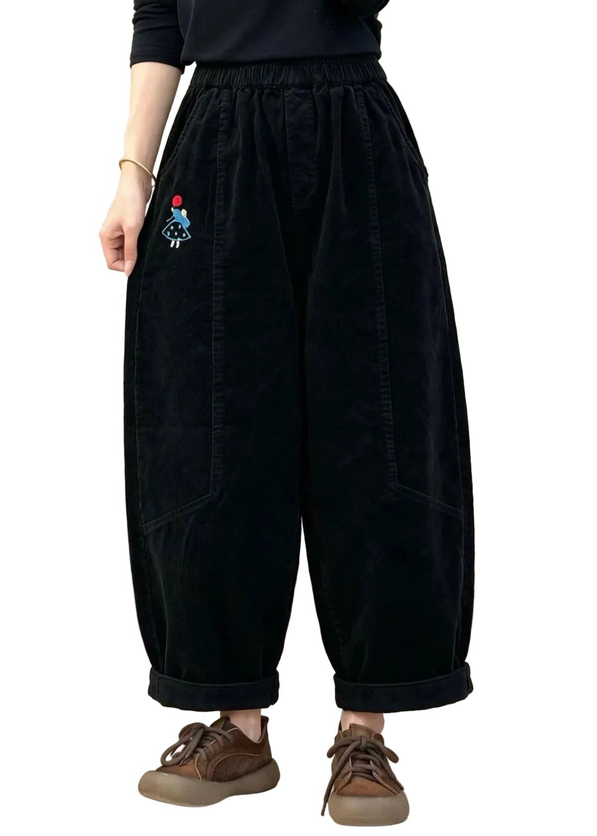 Women's Patchwork Corduroy Pants with Embroidered Details and Elastic Waist 0