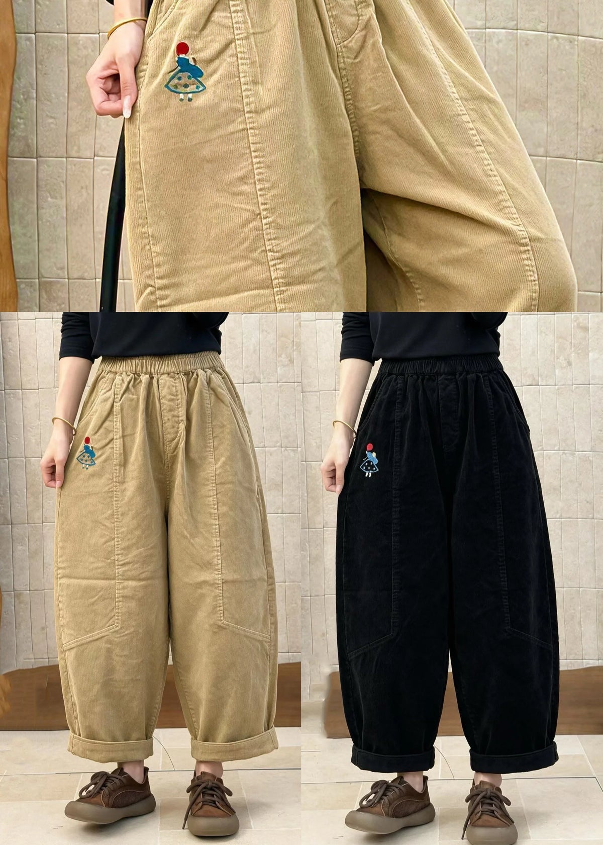 Women's Patchwork Corduroy Pants with Embroidered Details and Elastic Waist 4