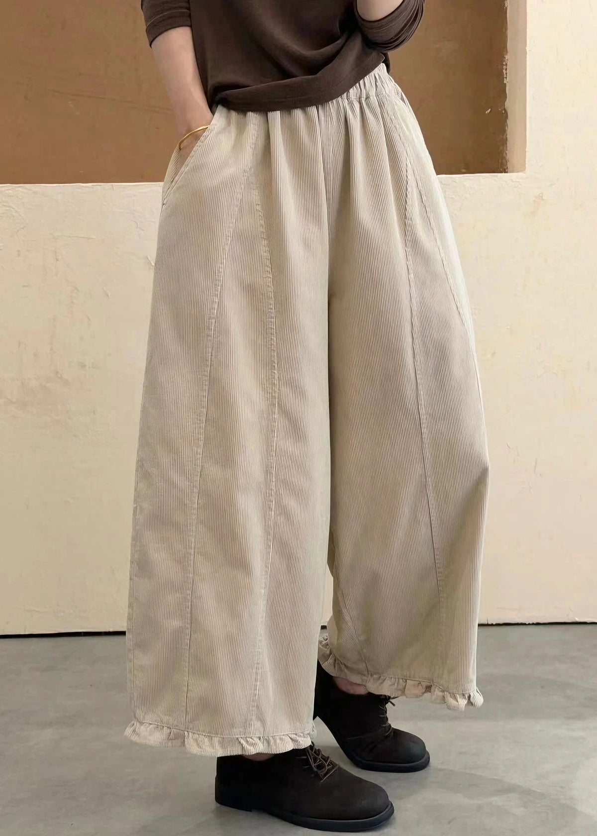 Women's Patchwork Pants Elastic Waist Ruffled Detail 3
