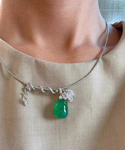 Women's Pendant Necklace Green Zircon Jade Inlaid 4