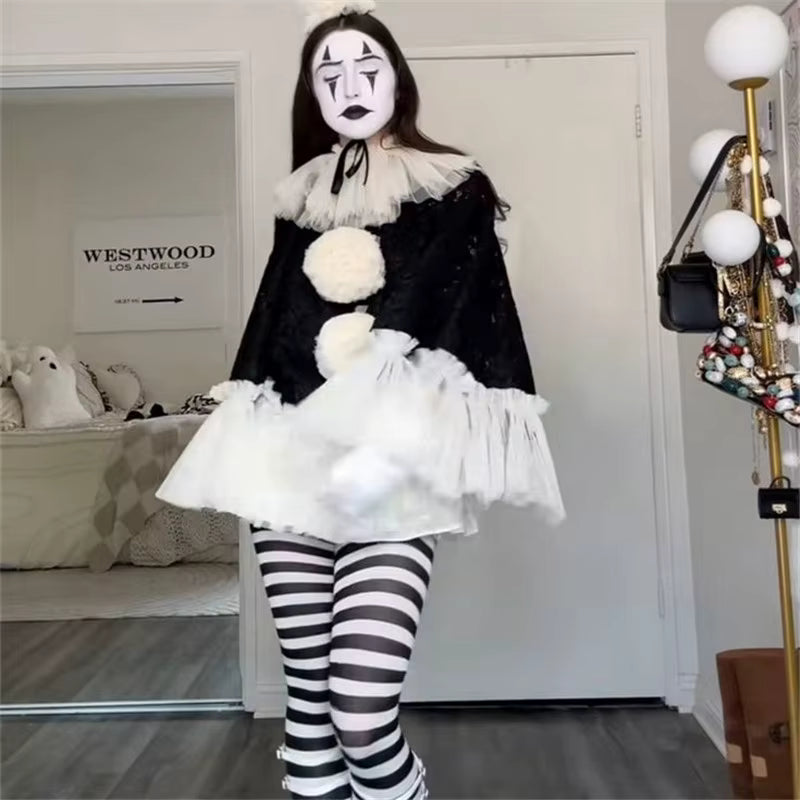 Women's Pierrot Clown Costume Cape and Hat Set 0