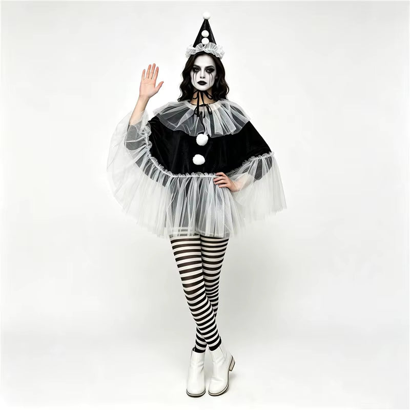 Women's Pierrot Clown Costume Cape and Hat Set 1