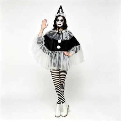 Women's Pierrot Clown Costume Cape and Hat Set 1