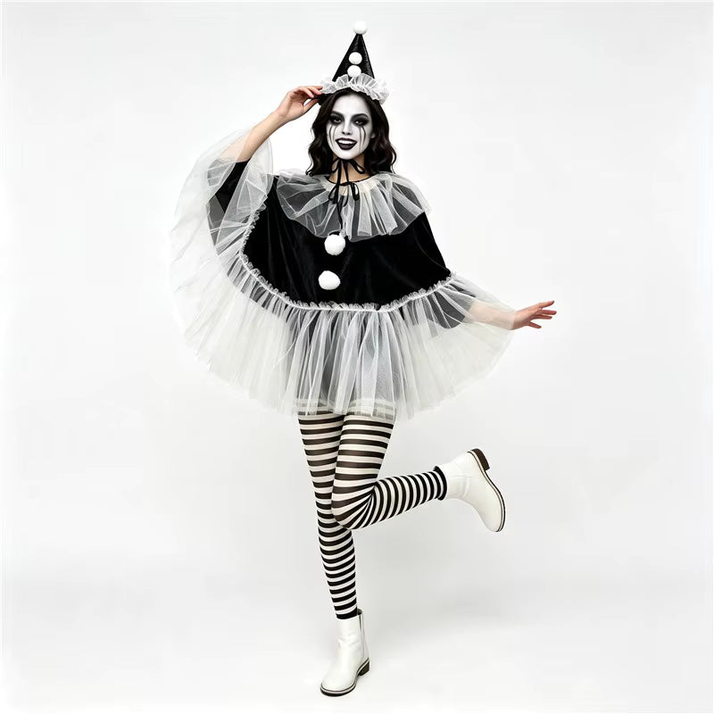 Women's Pierrot Clown Costume Cape and Hat Set 2