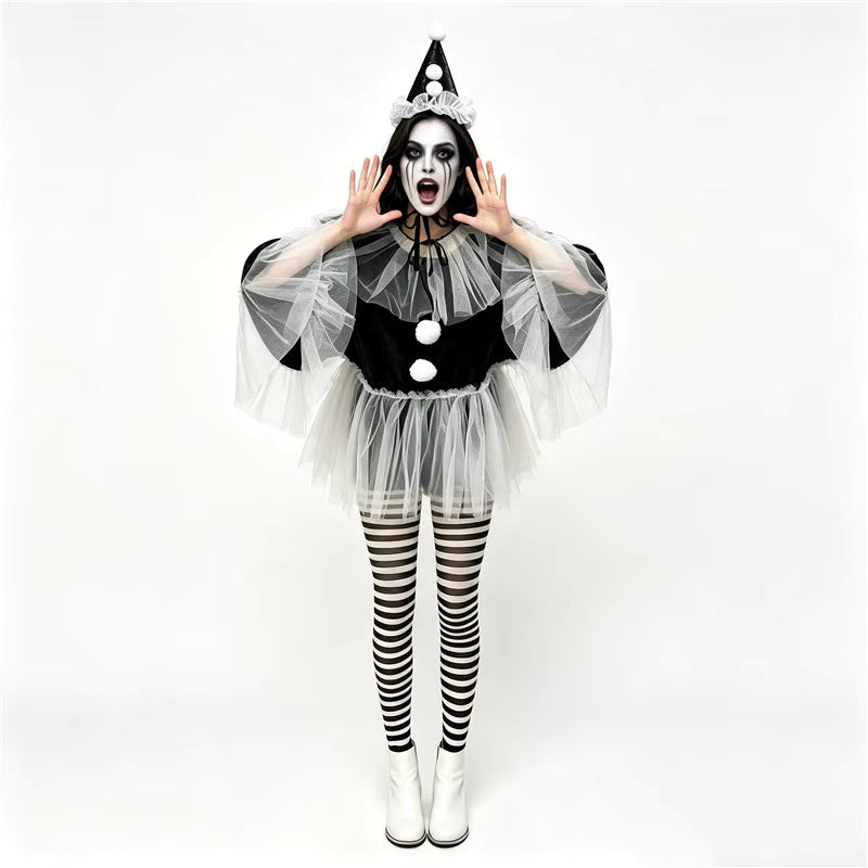 Women's Pierrot Clown Costume Cape and Hat Set 3