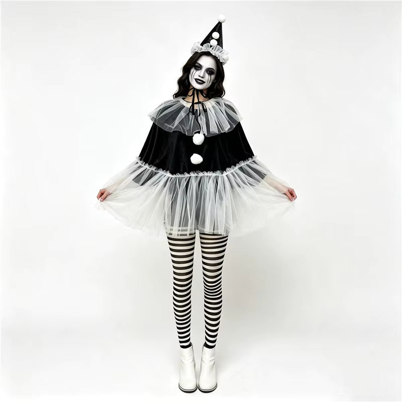 Women's Pierrot Clown Costume Cape and Hat Set 4