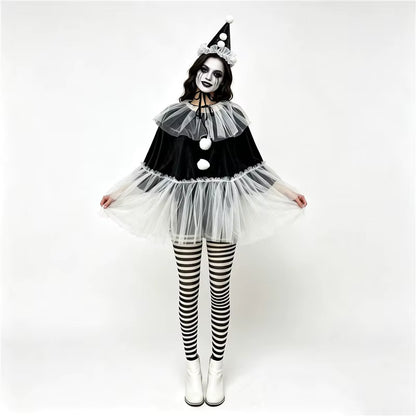Women's Pierrot Clown Costume Cape and Hat Set 4