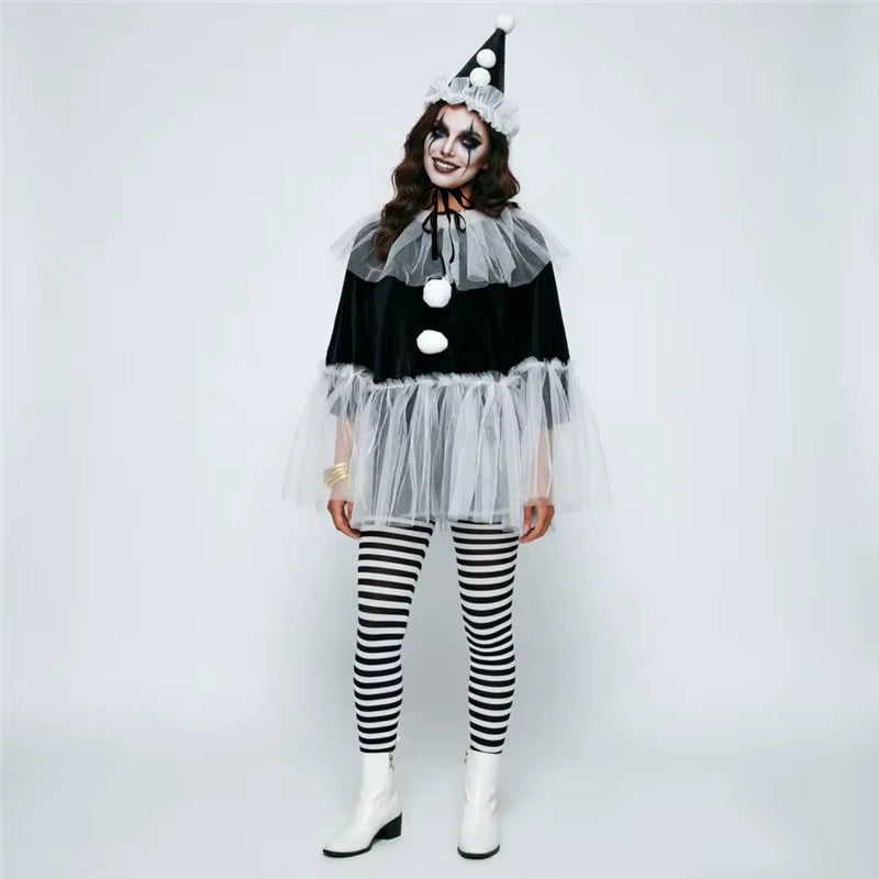 Women's Pierrot Clown Costume Cape and Hat Set 5