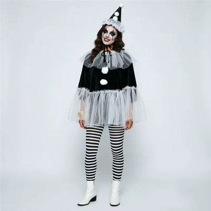 Women's Pierrot Clown Costume Cape and Hat Set 5
