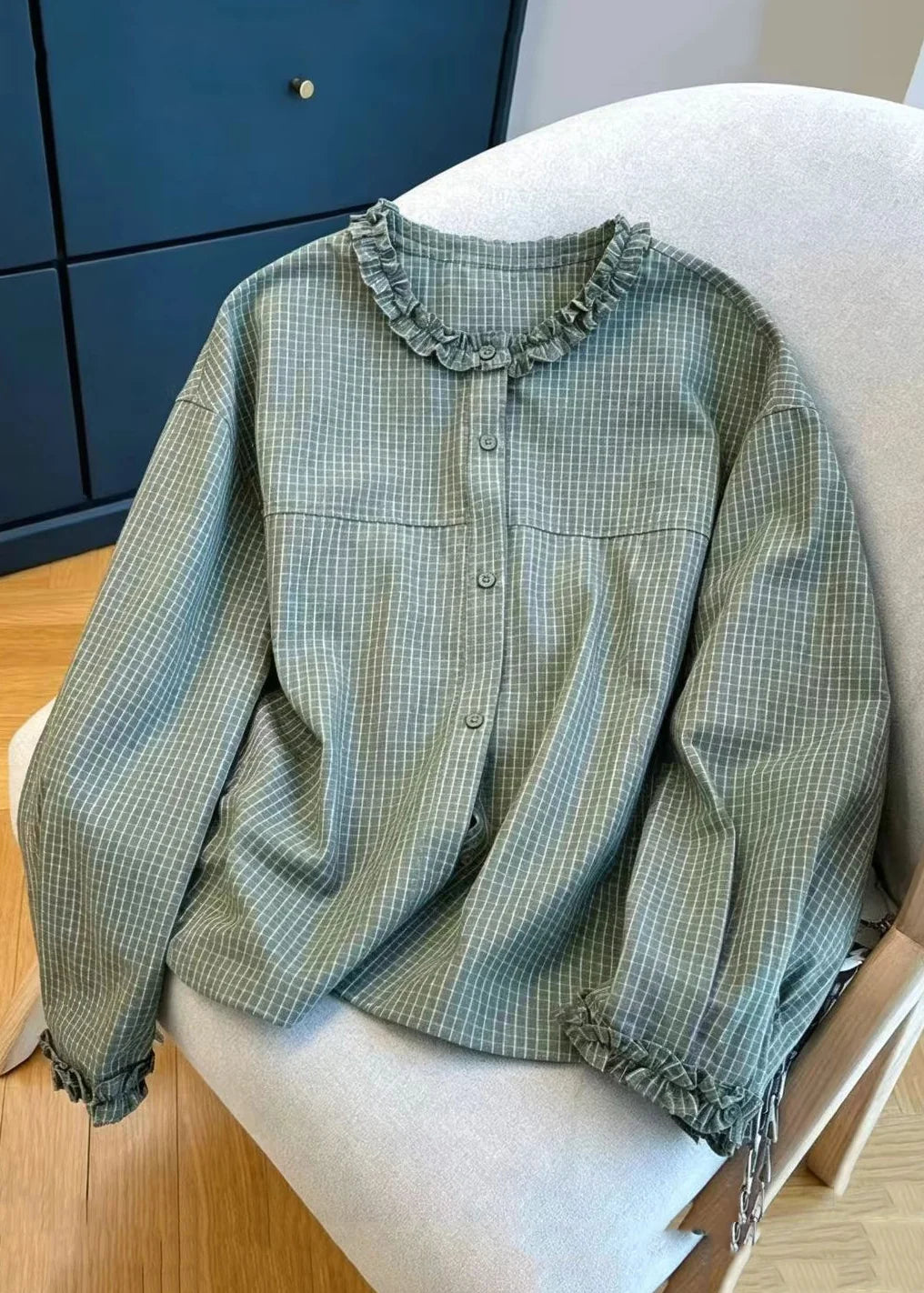Women's Plaid Shirt Top Ruffled O-Neck Vintage Style 0