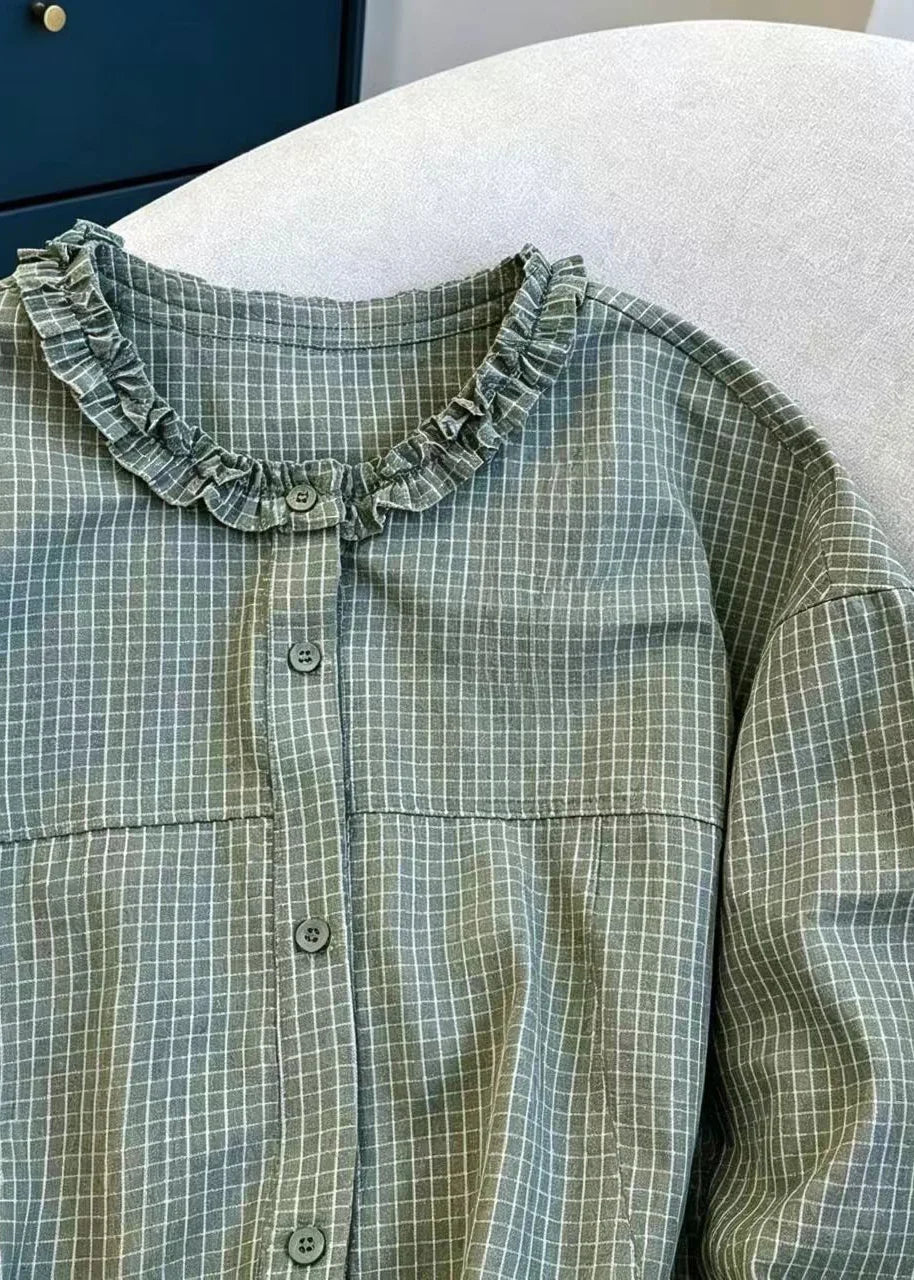 Women's Plaid Shirt Top Ruffled O-Neck Vintage Style 2