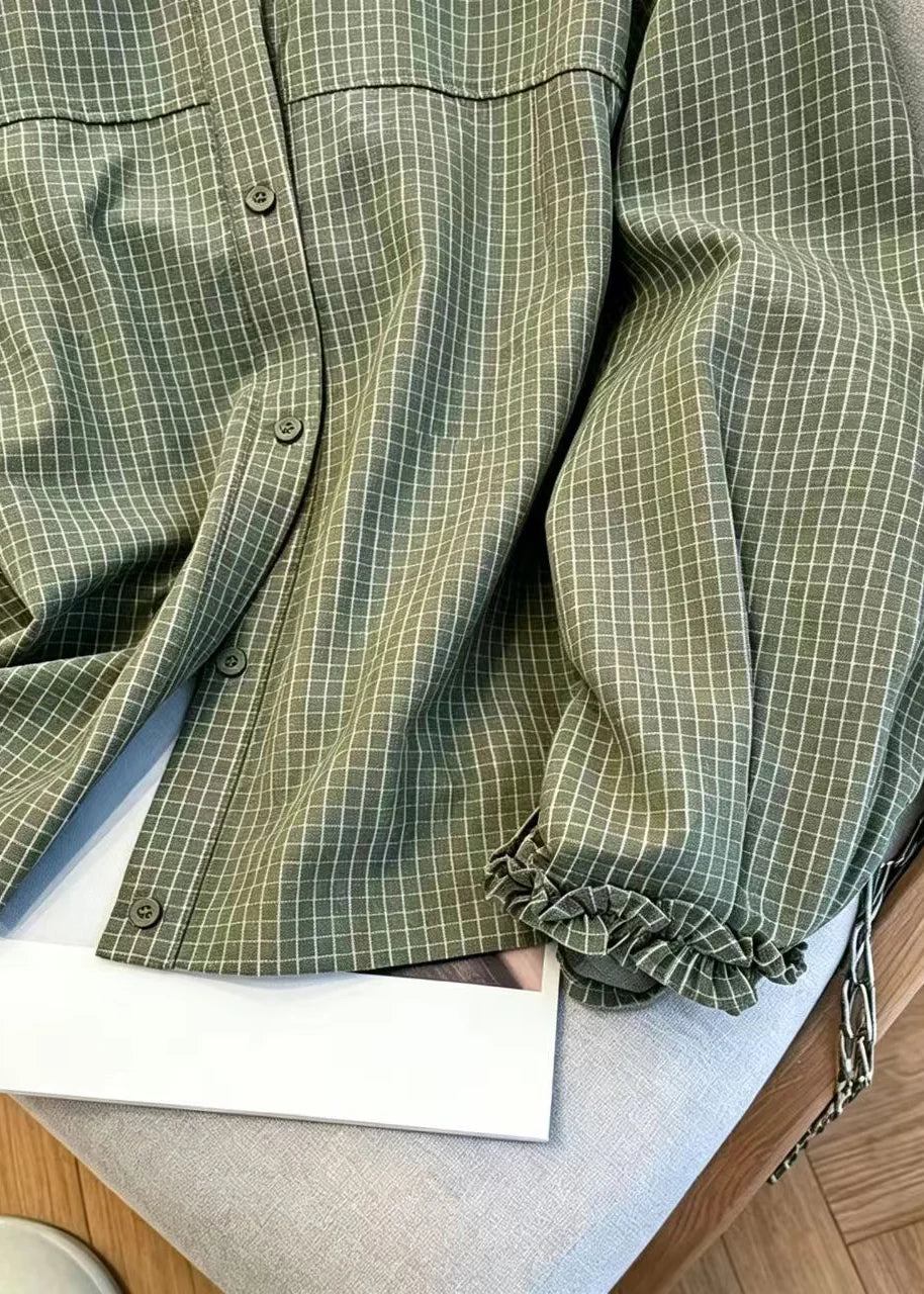 Women's Plaid Shirt Top Ruffled O-Neck Vintage Style 3