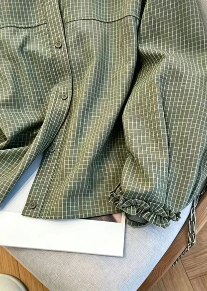 Women's Plaid Shirt Top Ruffled O-Neck Vintage Style 3