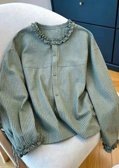 Women's Plaid Shirt Top Ruffled O-Neck Vintage Style 4