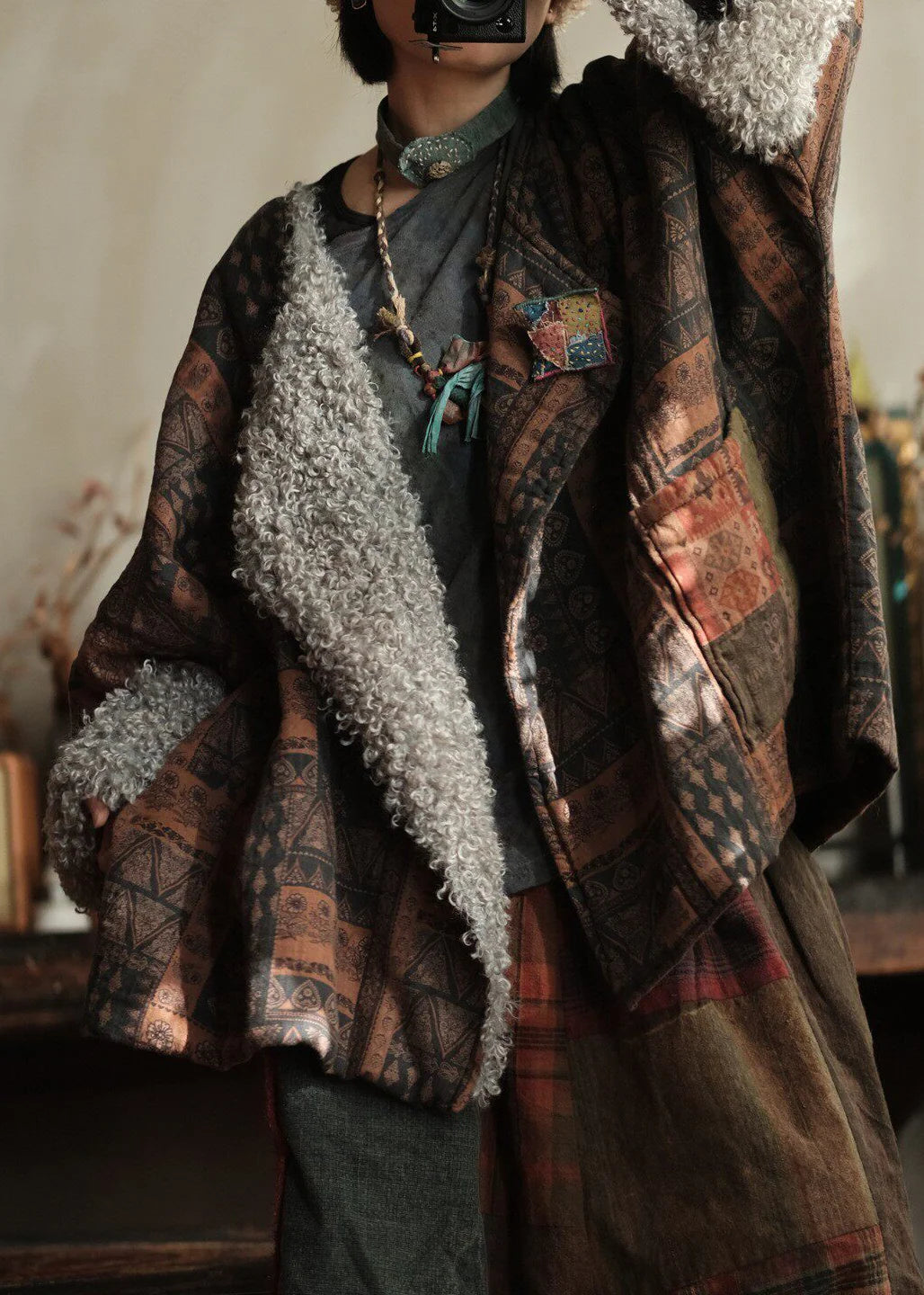 Women's Plus Size Coat Peter Pan Collar Patchwork Design 2