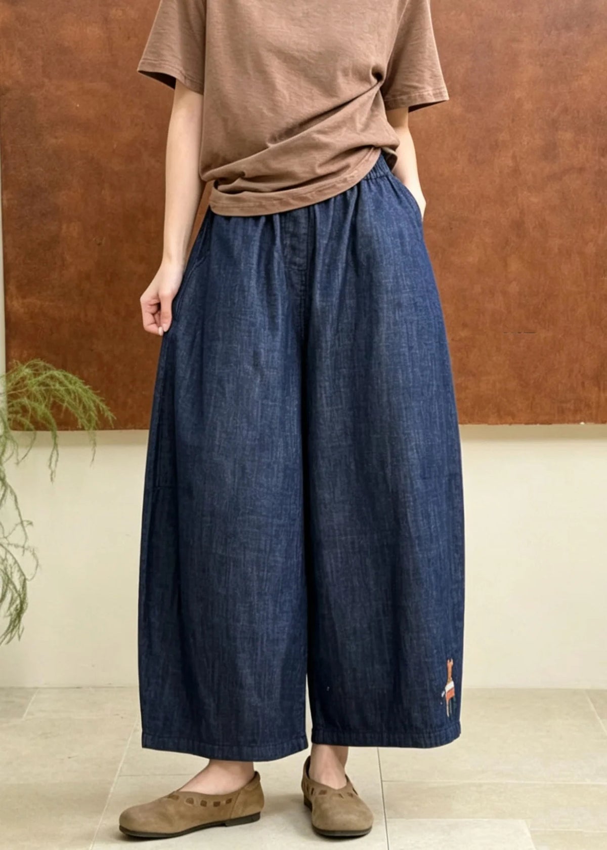 Women's Plus Size Denim Pants Embroidered Elastic Waist 4