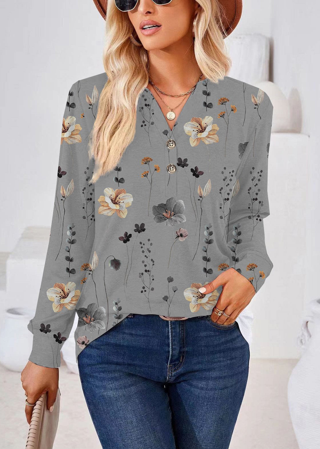 Women's Plus Size V Neck Printed Shirt Casual Fall Style 2