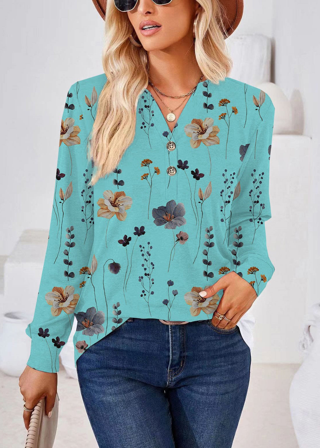 Women's Plus Size V Neck Printed Shirt Casual Fall Style 3