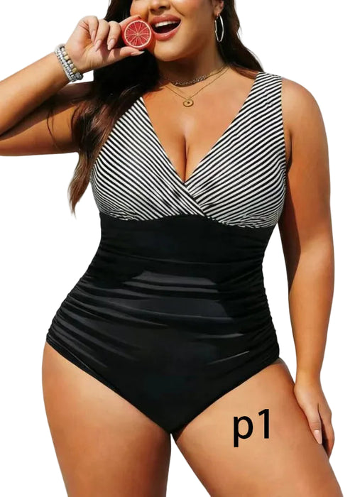 Women's Plus Size V Neck Striped Swim Bodysuit 0