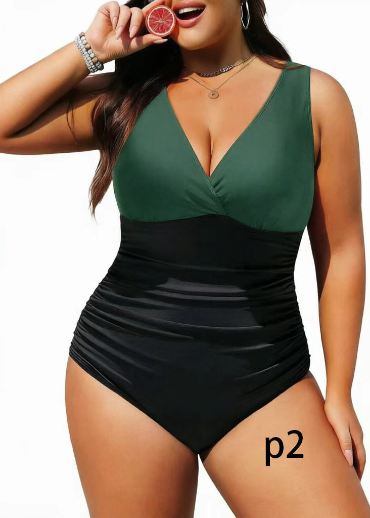 Women's Plus Size V Neck Striped Swim Bodysuit 1