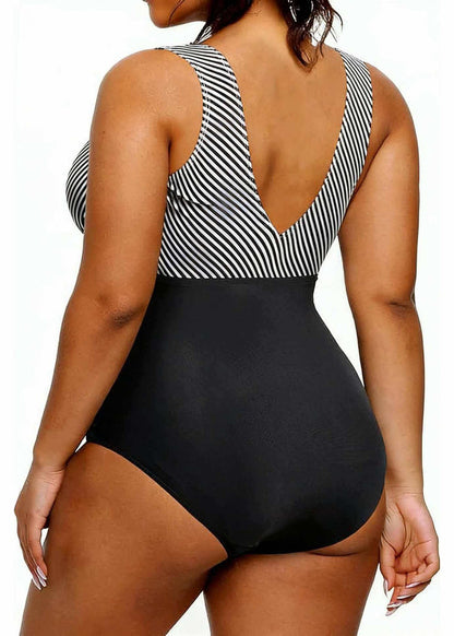 Women's Plus Size V Neck Striped Swim Bodysuit 4
