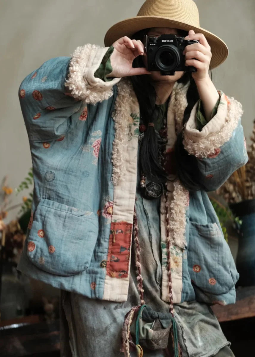 Women's Plus Size Winter Jacket Patchwork Print with Pockets 3
