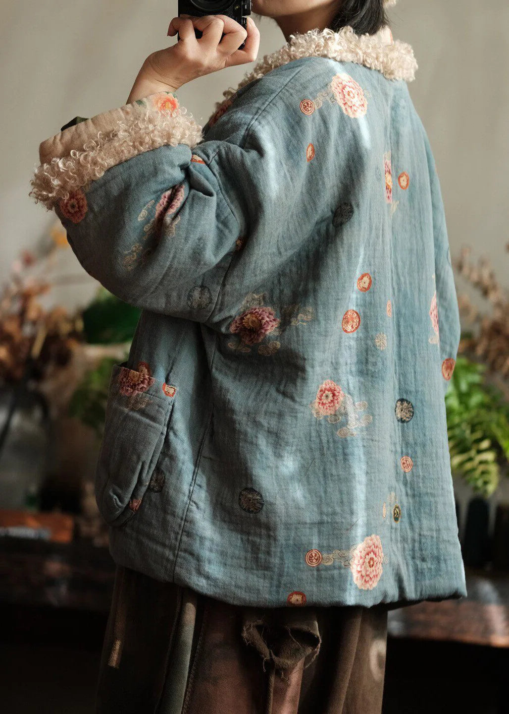 Women's Plus Size Winter Jacket Patchwork Print with Pockets 4