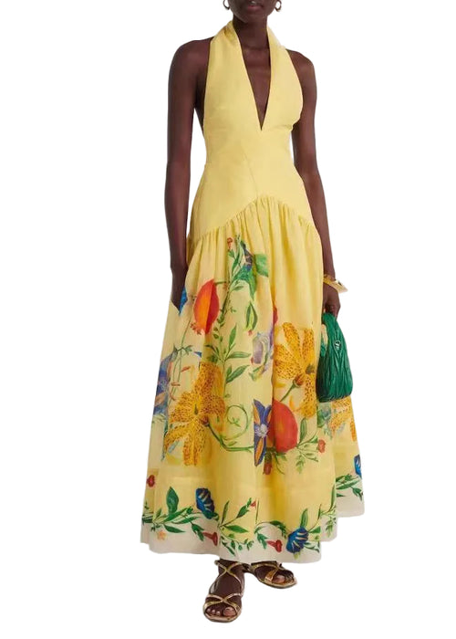 Women's Printed Halter Dress V Neck Sleeveless Summer Style 0