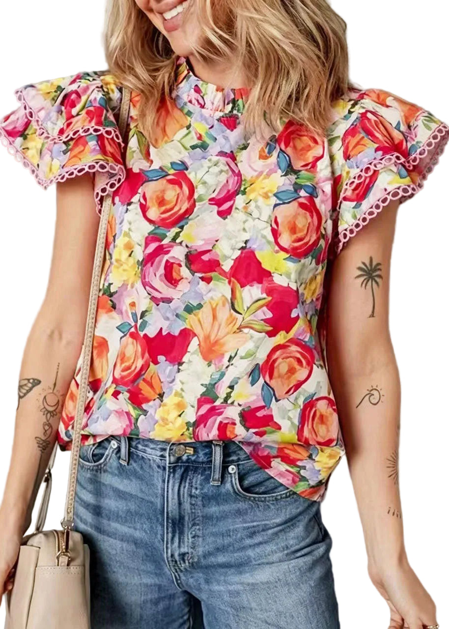 Women's Printed Shirt Stand Collar Butterfly Sleeve 0